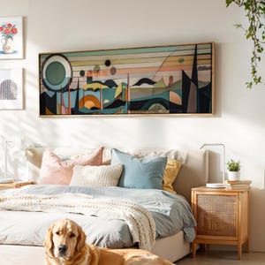 Mid Century Modern Panoramic Framed Canvas Print: Abstract Geometric Wall Art