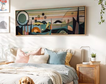 Lienzo panorámico enmarcado de estilo moderno de mediados de siglo: Arte mural geométrico abstracto