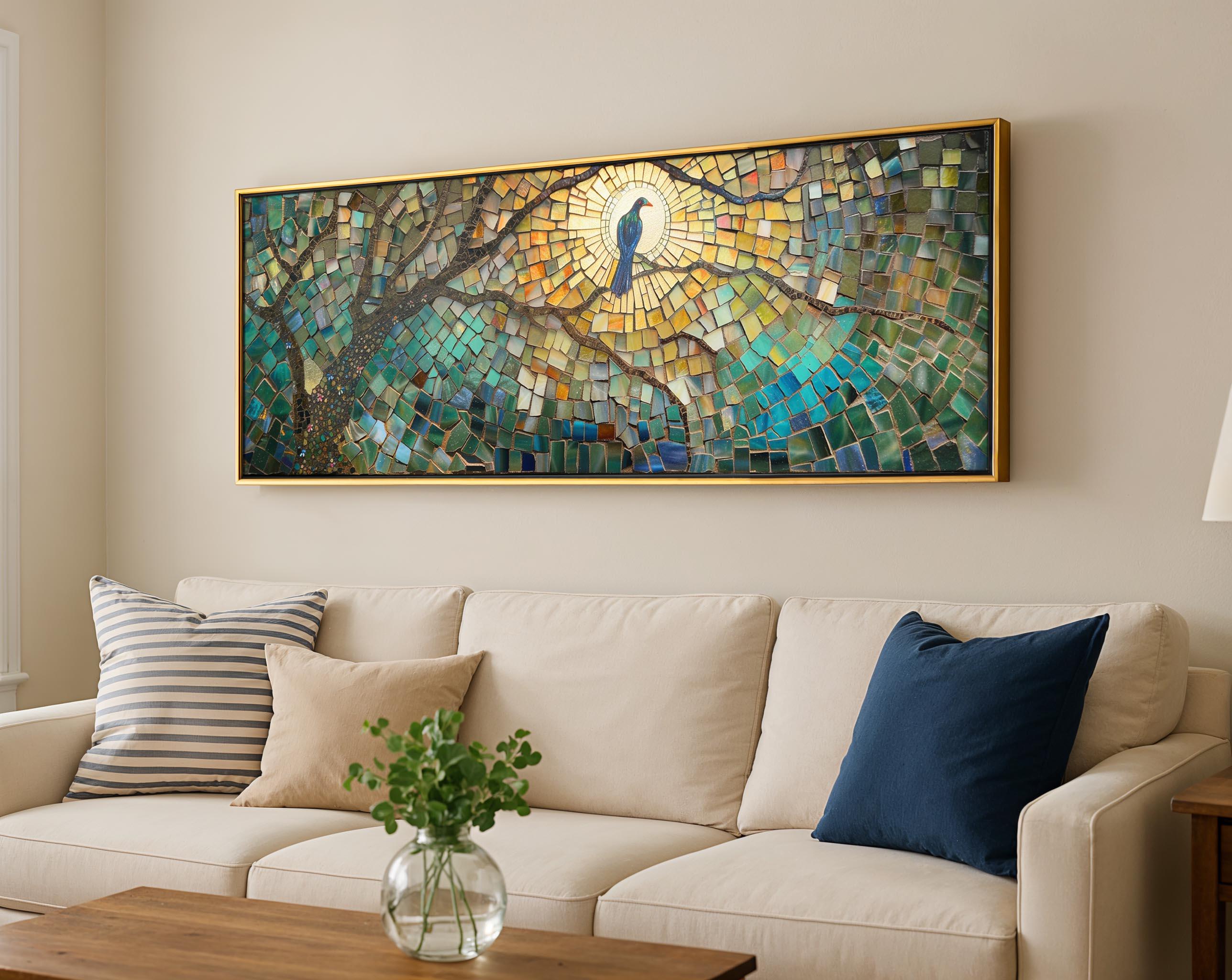 Moderne panoramische print uit het midden van de eeuw: abstracte mozaïekvogelkunst