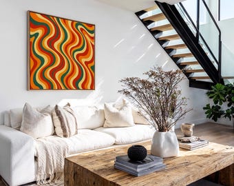 Large Square Retro Wall Art Framed, Mİd Century Modern Geometric Art Print
