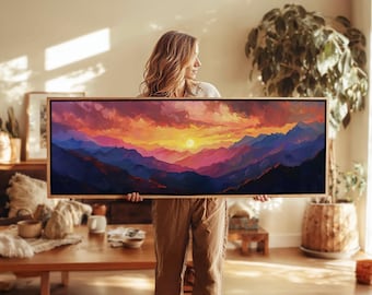 Purple Mountain Sunset Wall Art Framed: Minimalist Framed Landscape Print - Horizontal Wall Art - Large Wall Art - Panoramic Print