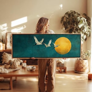 Framed Japanese Crane Wall Art: Japandi Flying Birds Print image 1