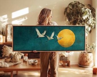 Framed Japanese Crane Wall Art: Japandi Flying Birds Print