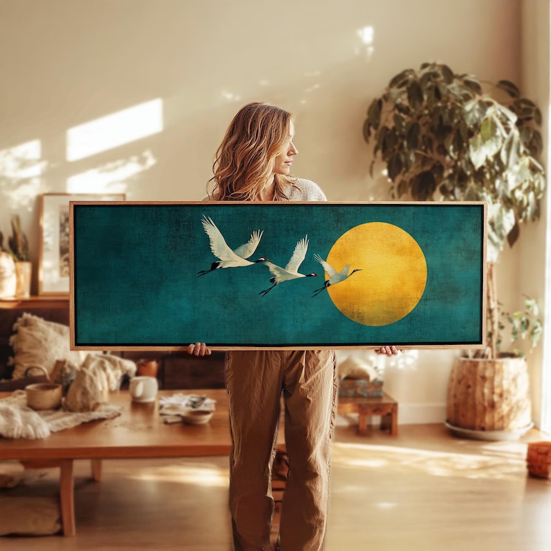 Framed Japanese Crane Wall Art: Japandi Flying Birds Print image 1