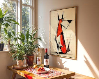 Art de chien moderne du milieu du siècle : dessin au trait abstrait, impression d'animal encadrée