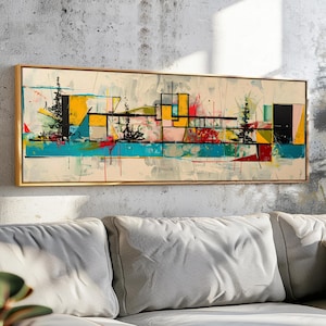 Halverwege de eeuw moderne abstracte muurkunst ingelijst - panoramische geometrische muurkunst - moderne kunstafdruk - decoratie boven het bed - horizontale muurkunst