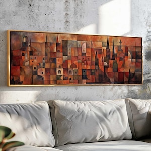 Halverwege de eeuw moderne CityScape muurkunst ingelijst, horizontale moderne muurkunst, abstracte muurkunst print, grote geometrische muurkunst, decor boven het bed