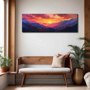 Sunset over the Purple Mountains, Minimal Horizontal Landscape Wall Art Framed, Moody Panoramic Print, Vintage Painting Print, Boho Wall Art image 2