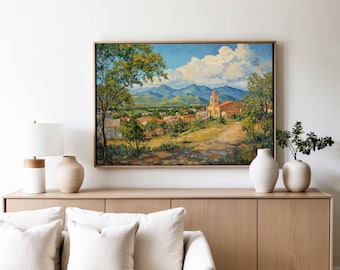 Toile vintage campagne espagnole : oeuvre d'art murale village méditerranéen