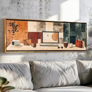 Halverwege de eeuw moderne kantoormuurkunst ingelijst - panoramische kantoordecorkunst - moderne kunstafdruk - brede muurkunst - geometrische horizontale muurkunst