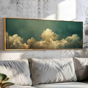 Vintage Moody Cloud Wall Art, Minimalist Moody Wall Art Framed, Horizontal Wall Art, Large Painting Print, Oversized Panoramic Wall Decor,