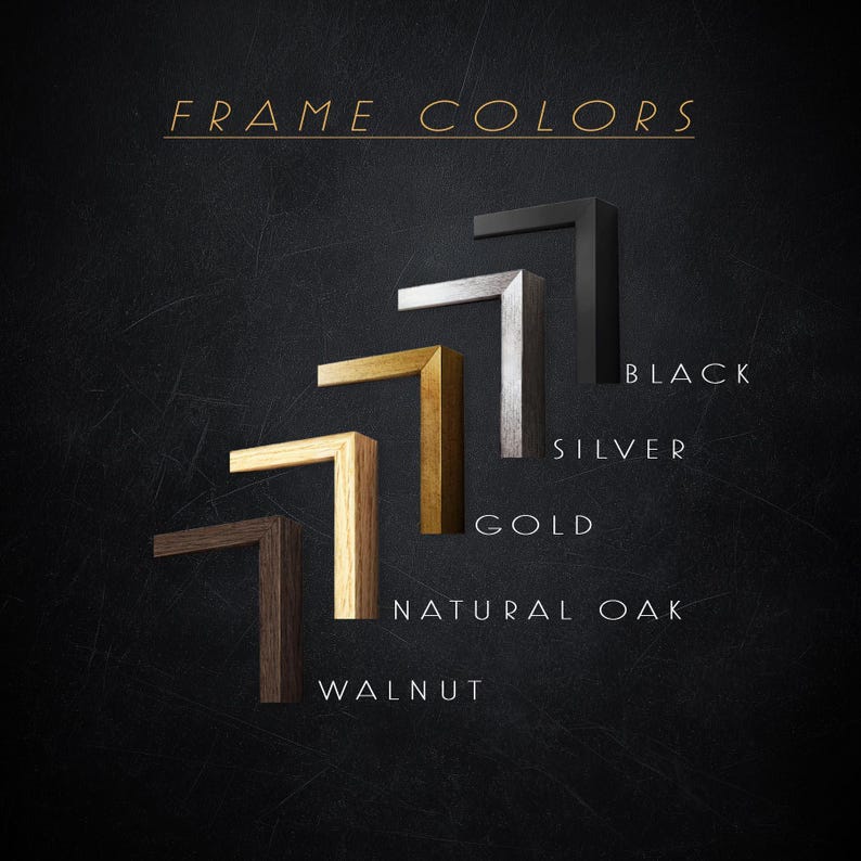 The image is a collage of various framed artworks, showcasing different wood finishes and frame styles.