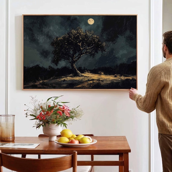 Mystical Moonlit Forest Landscape: Framed Gothic Wall Art Print