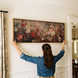 Vintage Framed Floral Print: Panoramic Dark Wildflowers Wall Art