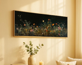 Moody Wildflower Field at Night: Framed Panoramic Landscape Wall Art for Above Bed Decor