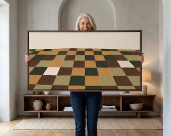 Geometric Modern Ochre and Forest Green Checkerboard Field Wall Art, Farmland Squares Receding to a Bone Horizon, Folk Modern Landscape