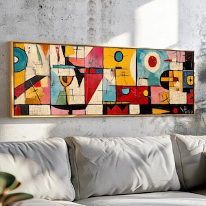 Moderne abstracte muurkunst uit het midden van de eeuw ingelijst - panoramische geometrische muurkunst - moderne kunstafdruk - brede muurkunst - horizontale muurkunst