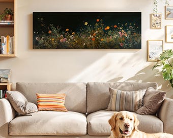 Wildflowers Field at Night: Framed Panoramic Moody Landscape Wall Art for Above Bed Decor