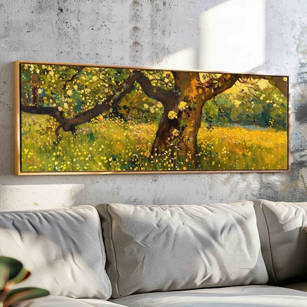 Wildflower Meadow with Majestic Tree, Spring Meadow Wall Art Framed, Prairie Print, Landscape Painting Print, Calm Wall Art, Above Bed Decor