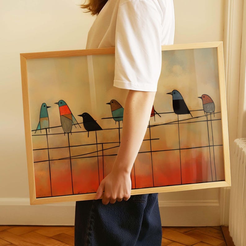 Mid Century Modern Birds on Wire Framed Wall Art Print - Etsy