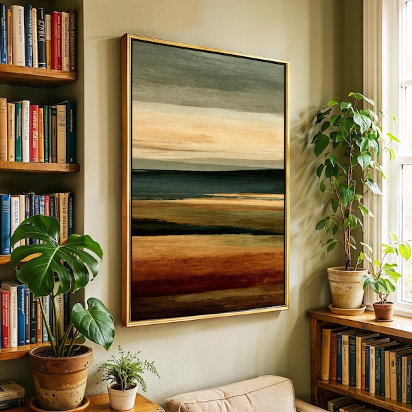 Abstract Japandi Wall Art Framed, Moody Neutral Landscape, Minimalist and Modern Earth Tone Decor