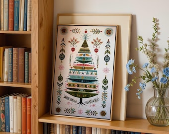 Mid Century Modern Christmas Tree Wall Art Framed: Boho Holiday Wall Decor