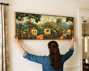 Tropical Village Landscape Art Print: Latin American Folk Art Home Decor