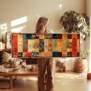 Arte de pared con tapiz vintage enmarcado: impresión textil de patchwork colorido