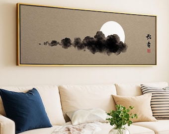 Panoramic Japandi Wall Art Framed, Wabi Sabi Decor, Minimalist Zen Ink Wash Painting