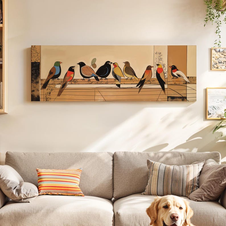 Mid Century Modern Birds on Wire Framed Canvas - Horizontal Wall Art - Etsy
