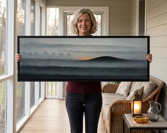 Grey and Charcoal Misty Hill Wall Art, A Dark Hill Above Layered Fog with a Thin Line of Sunrise, Large Horizontal Wall Art