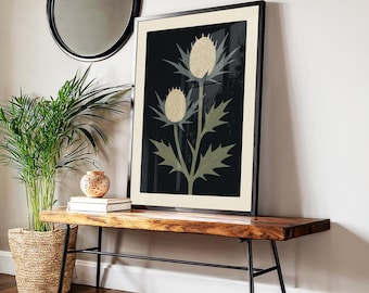 Impression de chardon du milieu du siècle, art mural floral rétro Bauhaus, art botanique sombre de mauvaise humeur