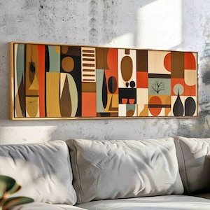 Halverwege de eeuw moderne panoramische print, moderne horizontale muurkunstprint, abstracte kunst, geometrische muurkunst, boho-muurdecor, kunst aan de grote muur