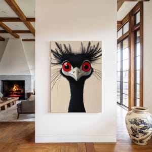 Majestad de ojos rojos: arte mural moderno con aves - Ilustración de vida salvaje moderna - Arte mural en negro y rojo, decoración del hogar inspirada en la naturaleza, decoración aviar llamativa