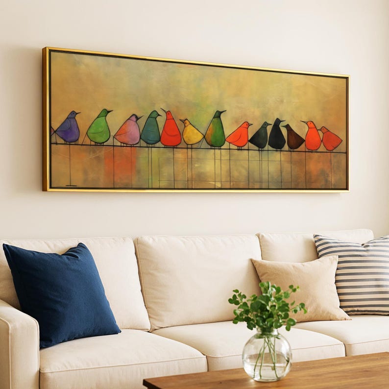 Mid Century Modern Birds on Wire Framed Wall Art: Abstract Print - Etsy