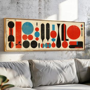 Moderne muurkunst uit het midden van de eeuw ingelijst - panoramische Bauhaus-muurkunst ingelijst - moderne print - brede muurkunst - geometrische horizontale muurkunst