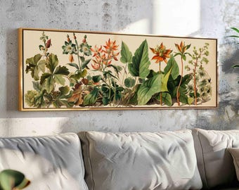 Vintage Botanical Framed Wall Art: Panoramic Floral Print