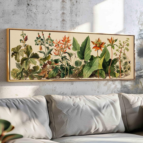 Quadro decorativo vintage com estampa floral panorâmica.