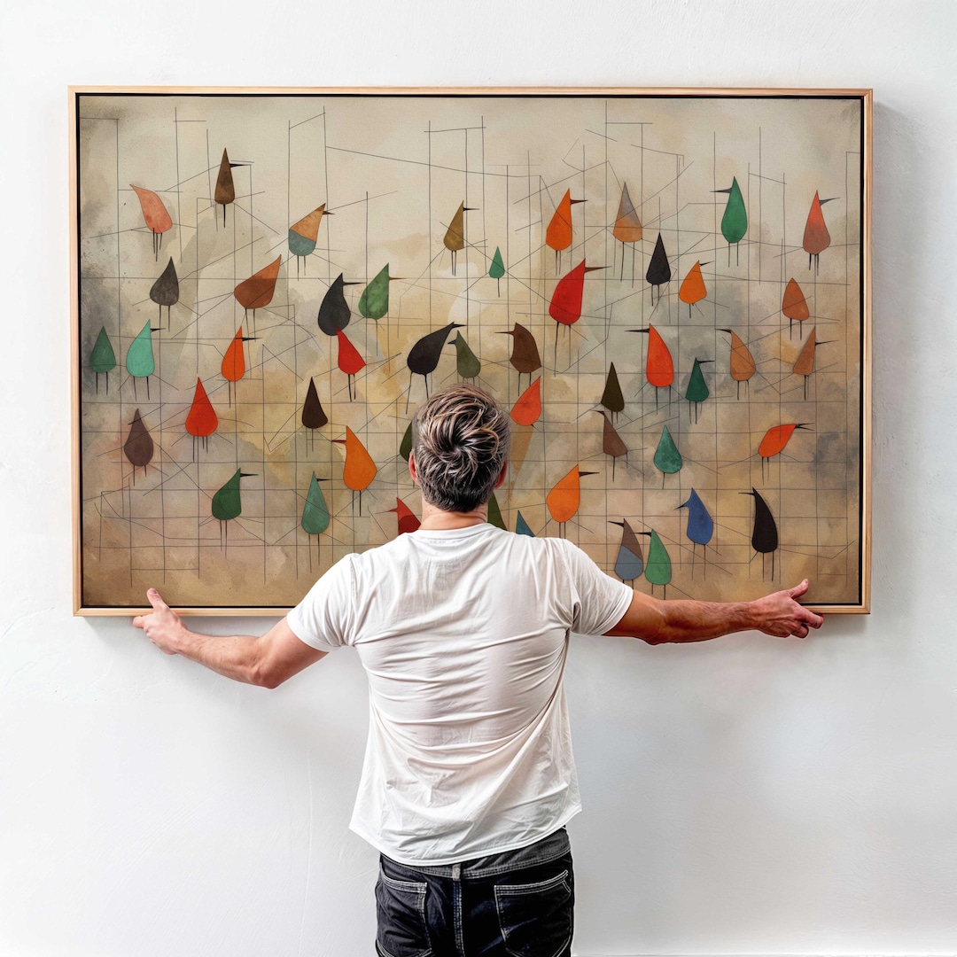 Mid-century Modern Birds on Wire Framed Canvas Print: Abstract Wall Art ...
