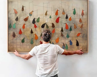 Mid-Century Modern Birds on Wire Framed Canvas Print: Abstract Wall Art