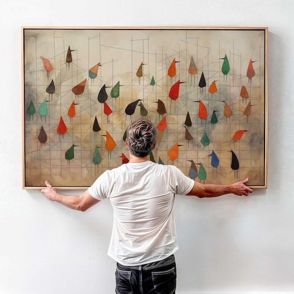 Mid-Century Modern Birds on Wire Framed Canvas Print: Abstract Wall Art