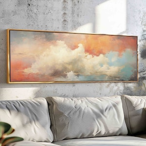 Vintage Moody Cloud Wall Art Framed, Panoramic Minimalist Wall Art, Horizontal Cloud Print, Large Cloud Art, UltraWide Above Bed Decor
