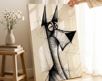 Dessin au trait chien moderne, décoration murale Mid-Century, imprimé animal graphique abstrait pour maison éclectique
