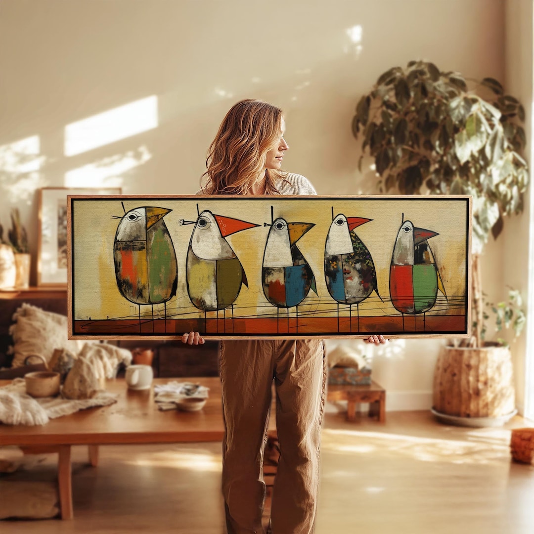 Mid Century Modern Birds on Wire Framed Wall Art: Abstract Print - Etsy