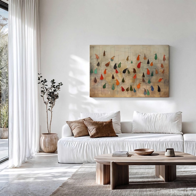Mid-century Modern Birds on Wire Framed Canvas Print: Abstract Wall Art ...