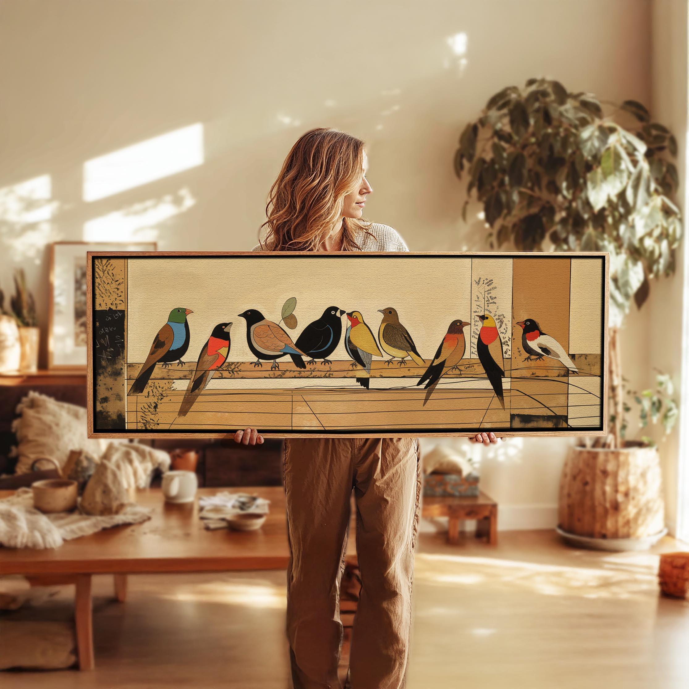 Mid Century Modern Birds on Wire Framed Canvas - Horizontal Wall