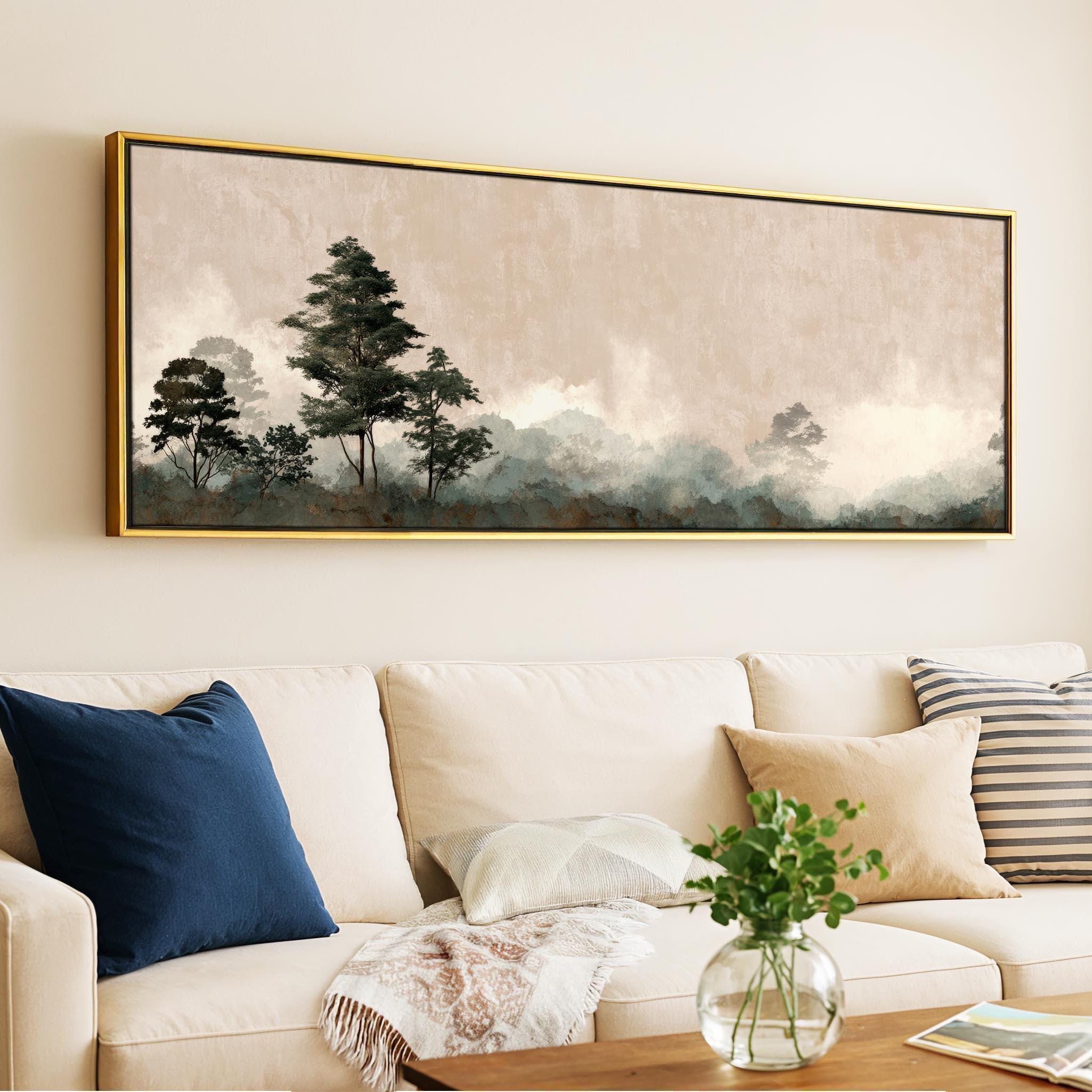 パノラマ日本画、霧深い森の風景、ミニマリスト日本画と禅の水墨画