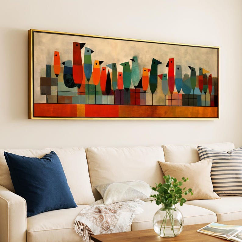 Mid Century Modern Birds on Wire Framed Print: Geometric Wall Art - Etsy
