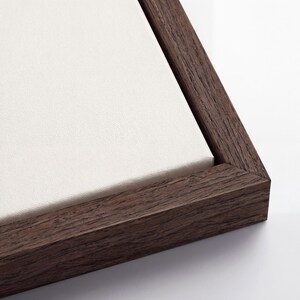 May include: Close-up of a canvas stretched over a wooden frame. The canvas is white and the frame is a dark brown color. The frame has a rectangular shape.