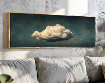 Vintage Moody Cloud Wall Art Framed, Panoramic Minimalist Wall Art, Horizontal Cloud Print, Large Cloud Art, UltraWide Above Bed Decor